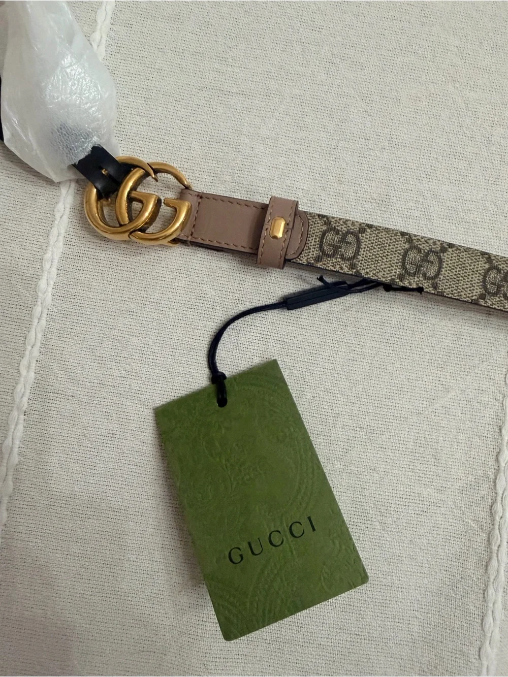 Gucci GG Monogram Canvas Belt with Gold Buckle and Tan Trim